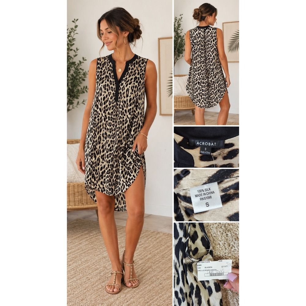 Acrobat Dress Leopard Print 100% Silk High Low Sleeveless Tan Black‎ Size S